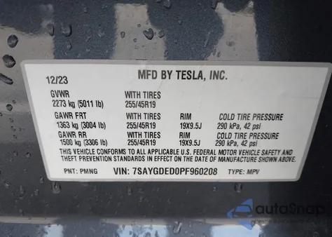 2023 Tesla Model Y Rwd from USA, damaged, VIN 7SAYGDED0PF960208